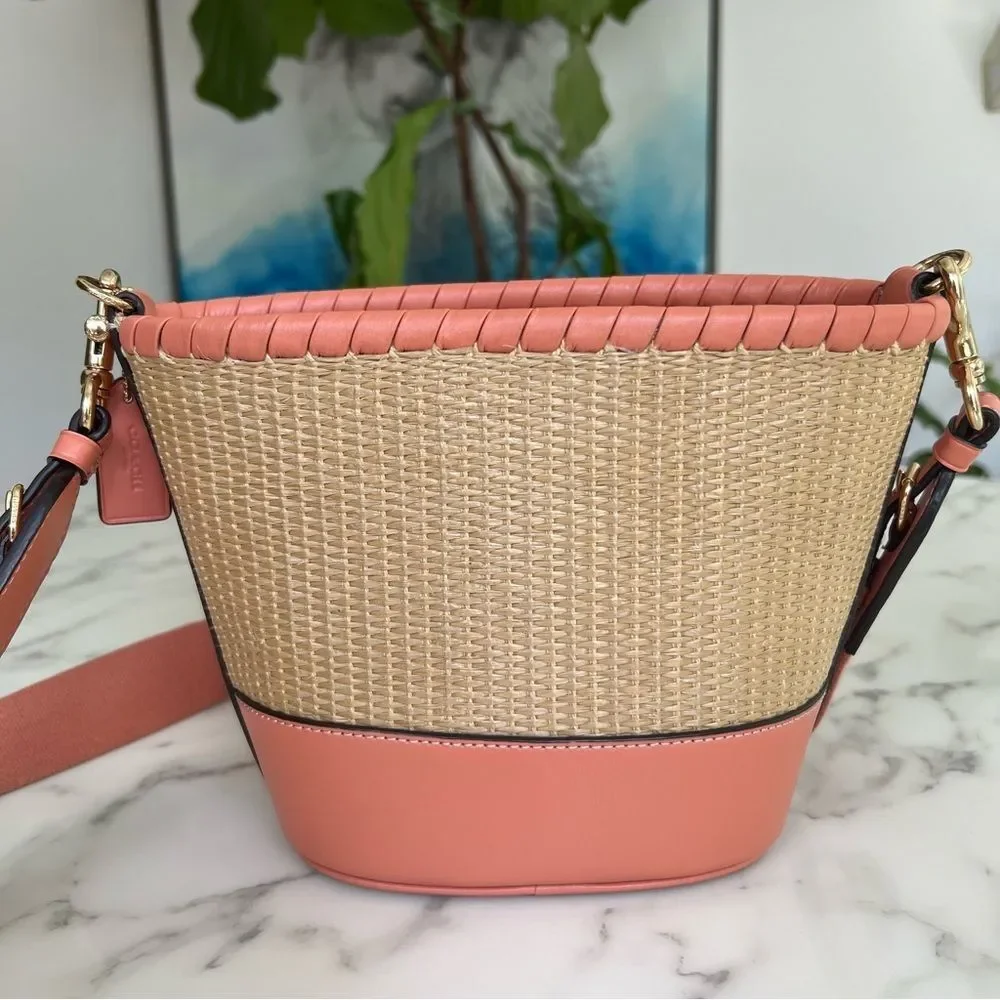 COACH Woven Straw Bucket Bag Crossbody F72707 Natural Light Coral Leather Gold